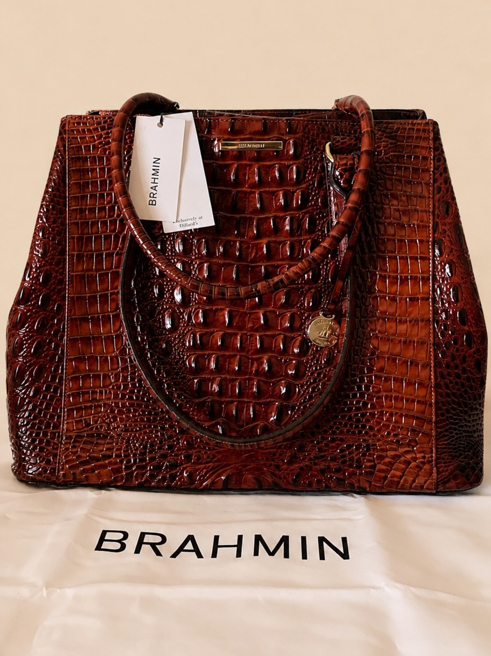 NWT Brahmin Joan Tote Pecan Melbourne Brown Croc Emb Leather Dust Bag Card N4515